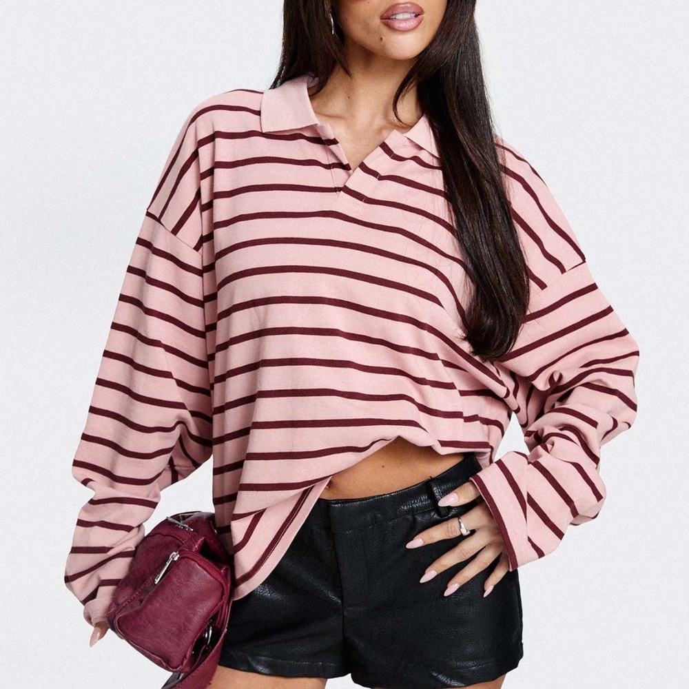 Princess Polly Jersey Burgundy Blush Stripe Shirt